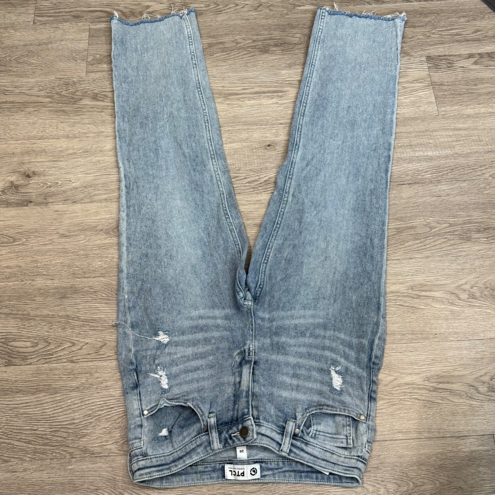 PTCL Ethical Clothing Distressed Straight Leg Jeans Light Wash Raw Hem Size 26